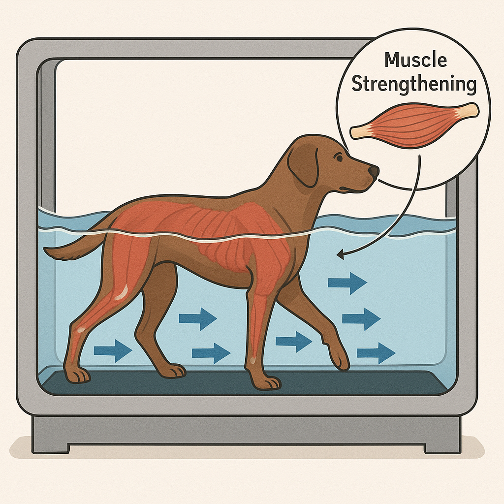 Scientific illustration of water resistance forces strengthening muscles around a dog's joints during hydrotherapy Scientific illustration of water resistance forces strengthening muscles around a dog's joints during hydrotherapy