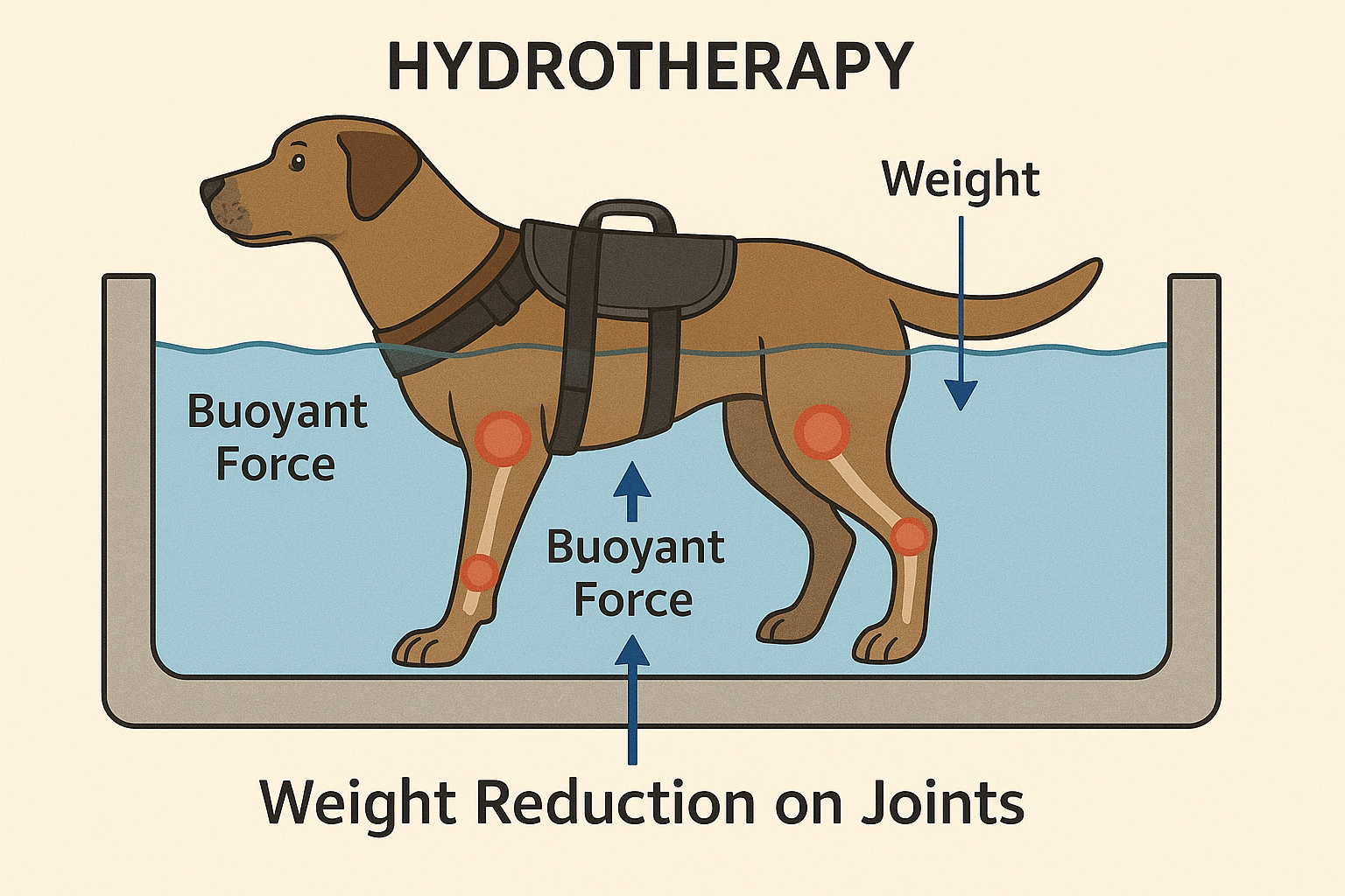 Scientific diagram showing how buoyancy reduces weight-bearing on a dog's joints during hydrotherapy Scientific diagram showing how buoyancy reduces weight-bearing on a dog's joints during hydrotherapy